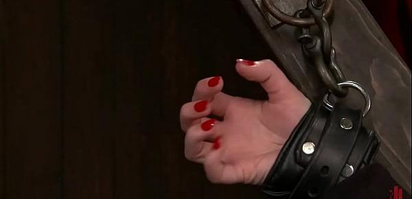 Lesbian sub pussy hooked in bondage